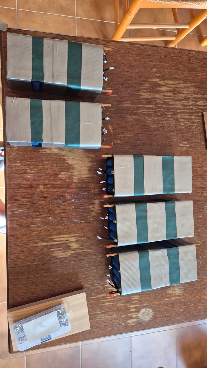 The finished battery packs, wrapped and labelled.