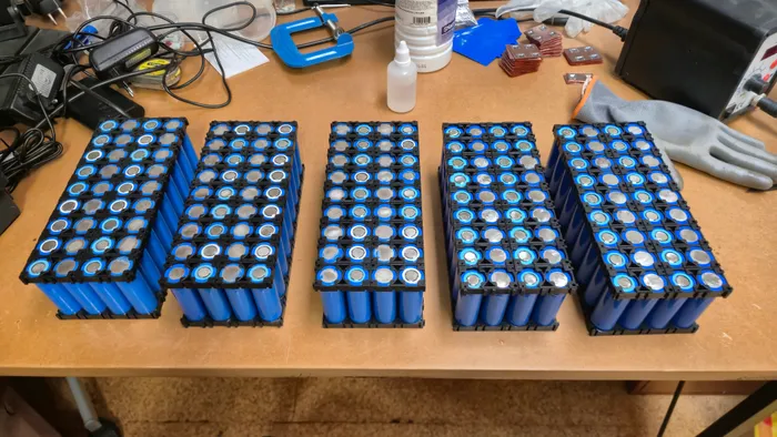 The cells grouped into their plastic holders, before wrapping and wiring.