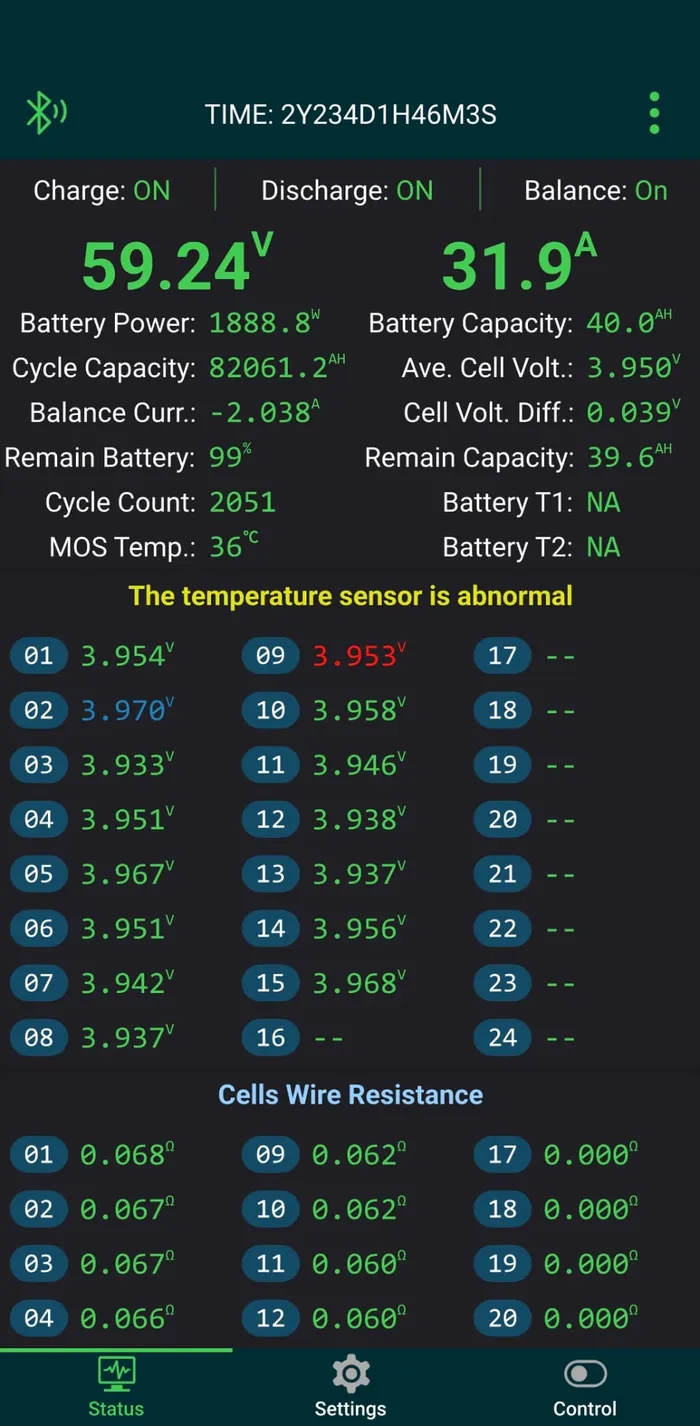 The BMS's companion app. Some fields weren't configured since I didn't need them, but the row of series voltages is real, sitting close together thanks to active balancing.