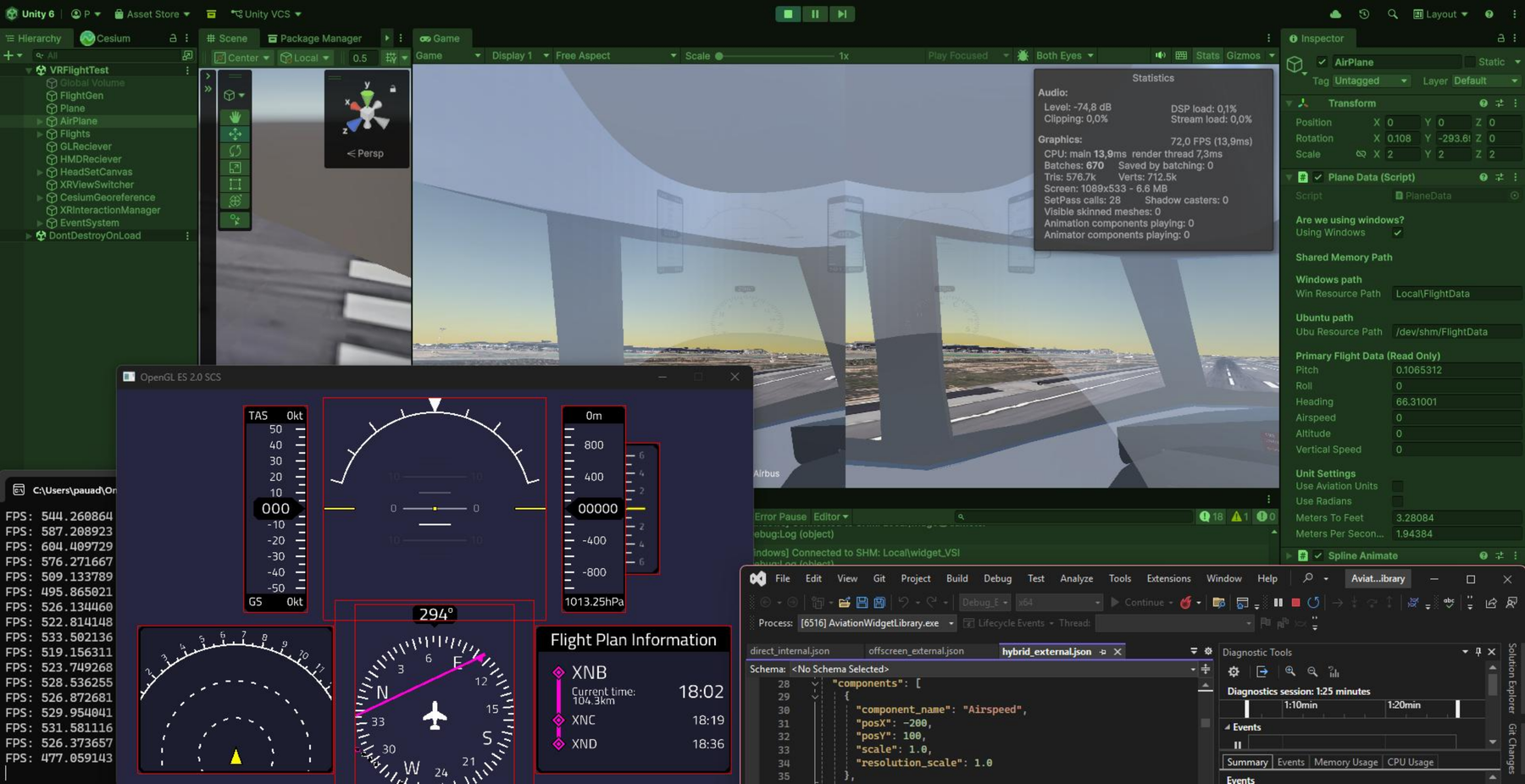 Everything running together: the Unity editor with the Airbus A380 cockpit and Cesium terrain, the OpenGL ES 2.0 SCS widget window overlaid on top, and a debugger attached to the widget library process reading shared flight data, all running at 72 FPS.